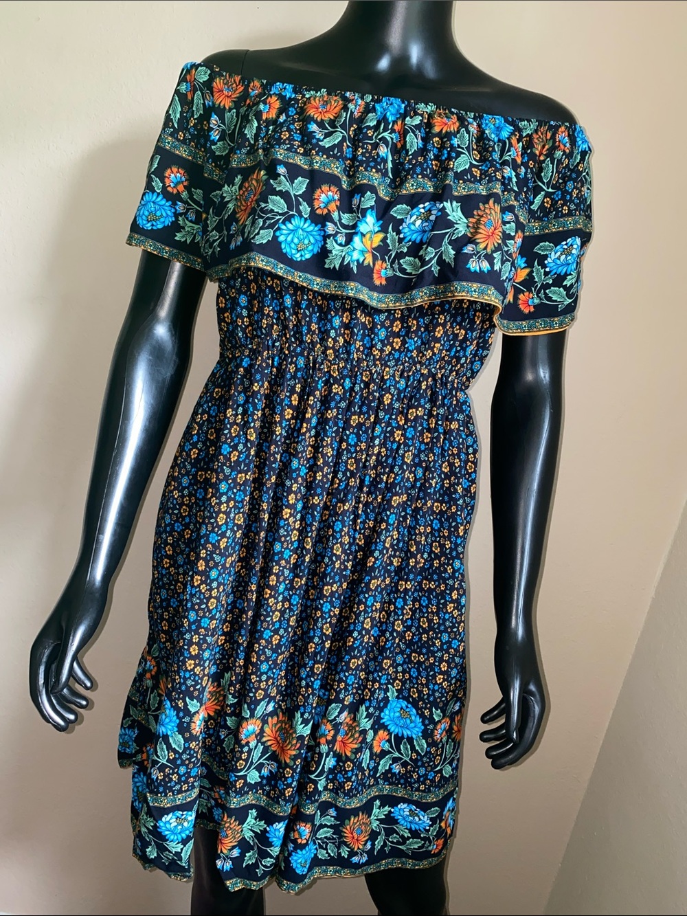 Choles Off Shoulder Navy Floral Maxi Dress with Bright Blue & Orange Flowers
